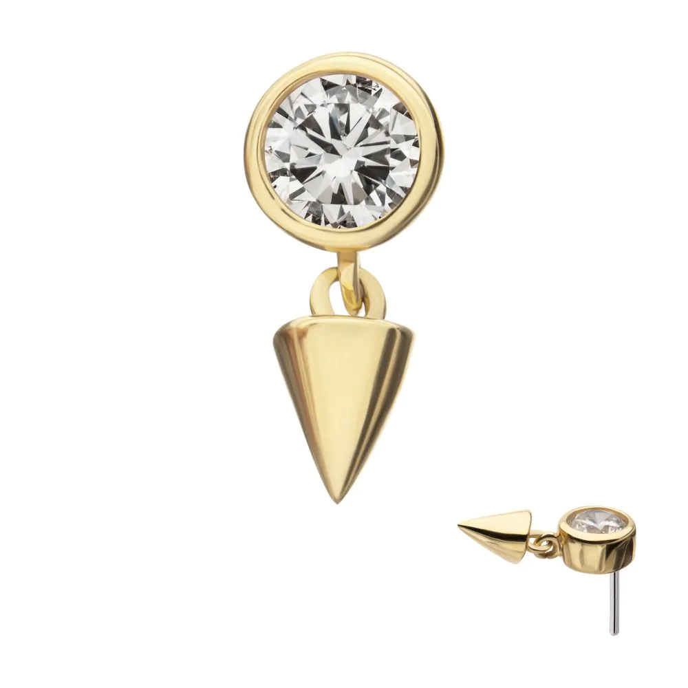 A 14k gold bezel-set swarovski crystal with a spike dangle, shown from two angles.