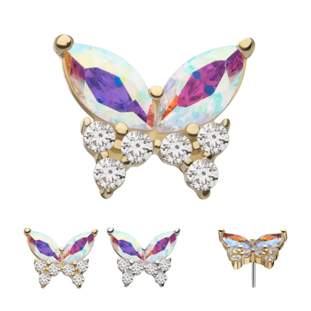 A collection of 14k gold two-tone swarovski butterfly stud earrings in various colors.