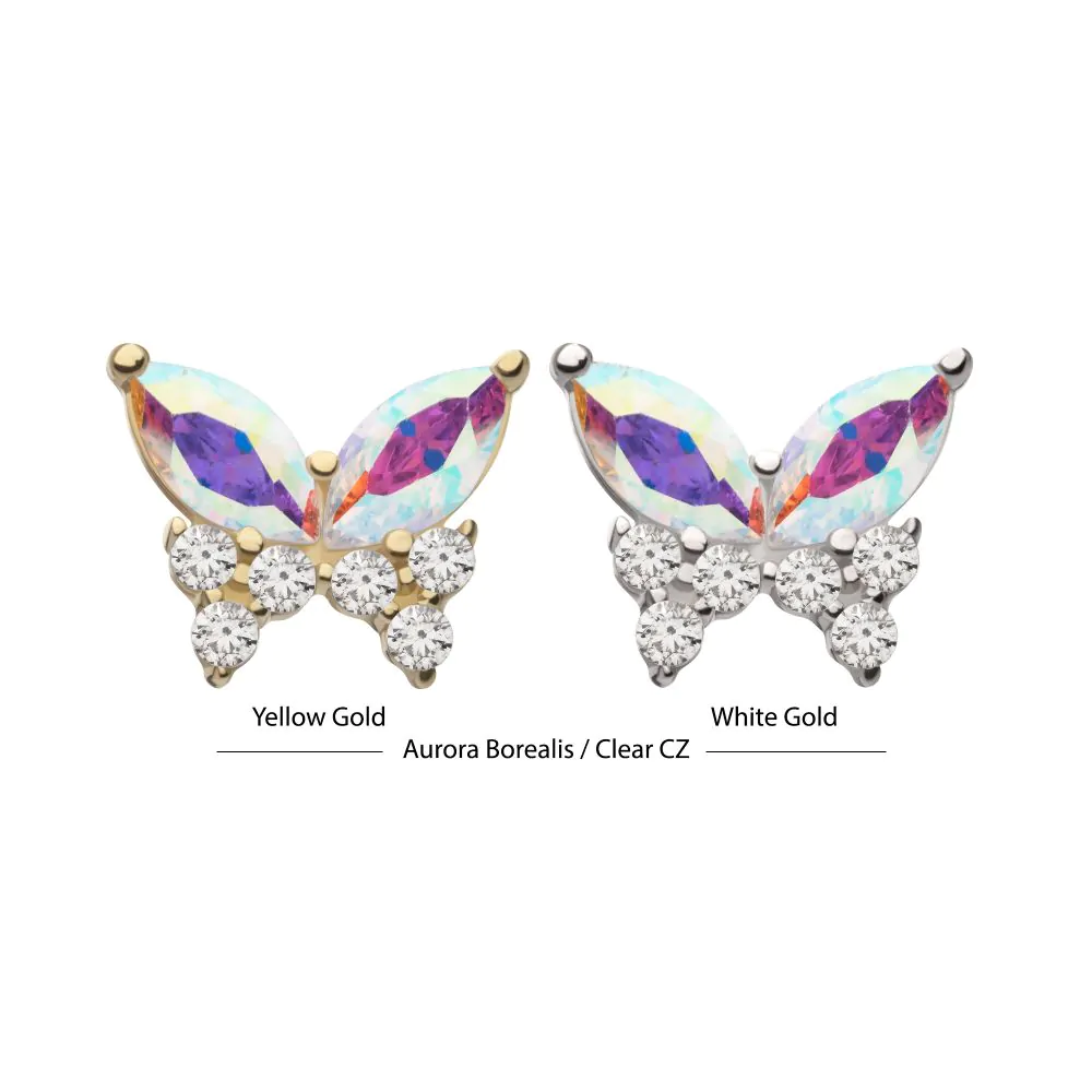 A collection of 14k gold two-tone swarovski butterfly stud earrings in various colors.