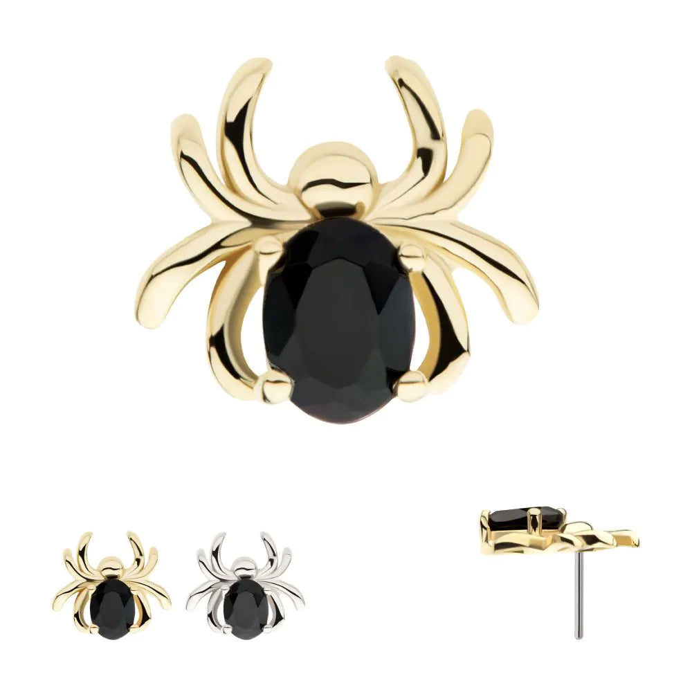 Four views of a 14k gold spider earring with a black gem body.