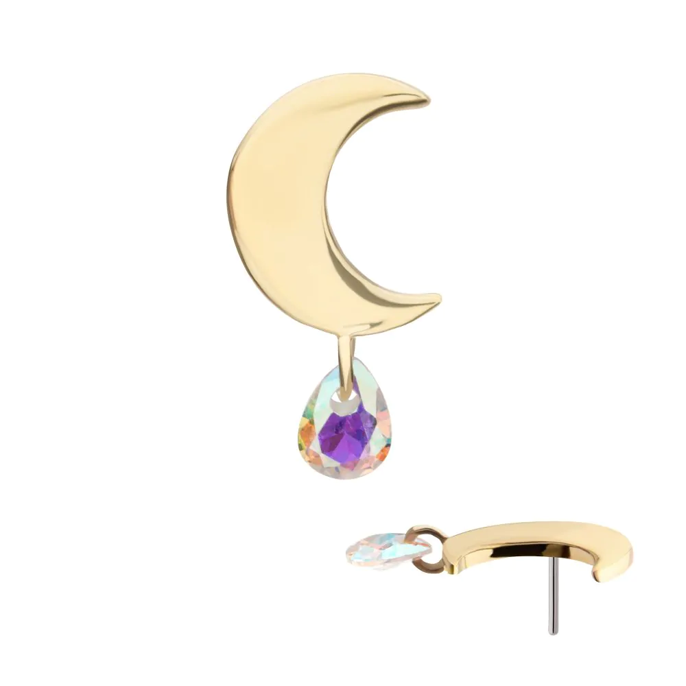 A 14k gold moon-shaped stud with a pear-shaped Swarovski dangle, displayed against a white background.