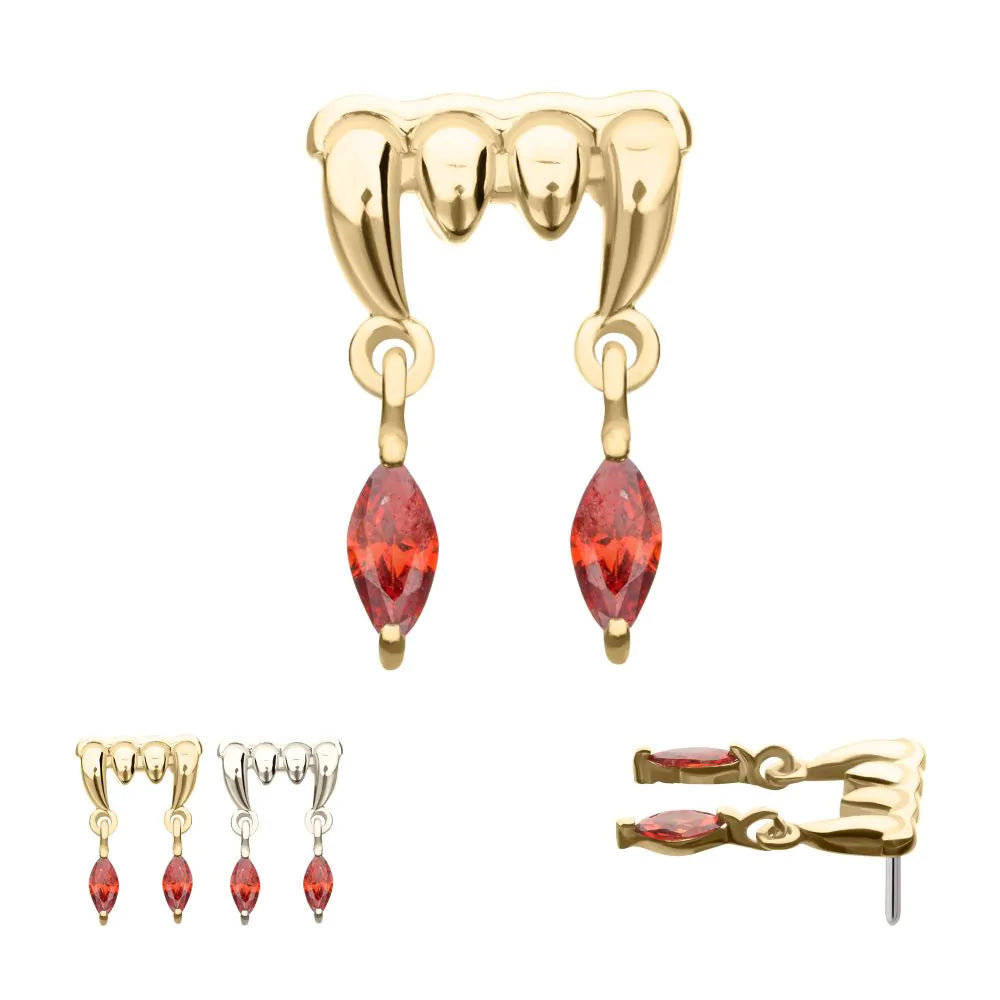 A set of 14k gold body jewelry with dripping design and prong-set Swarovski crystals in red color, displayed from different angles.