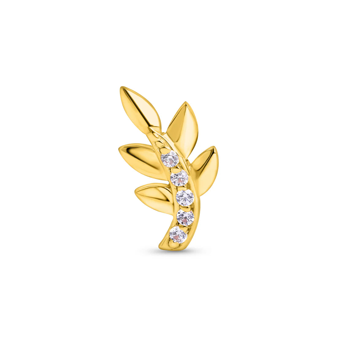 A gold-colored stud earring featuring a leaf design with five white cubic zirconia stones.