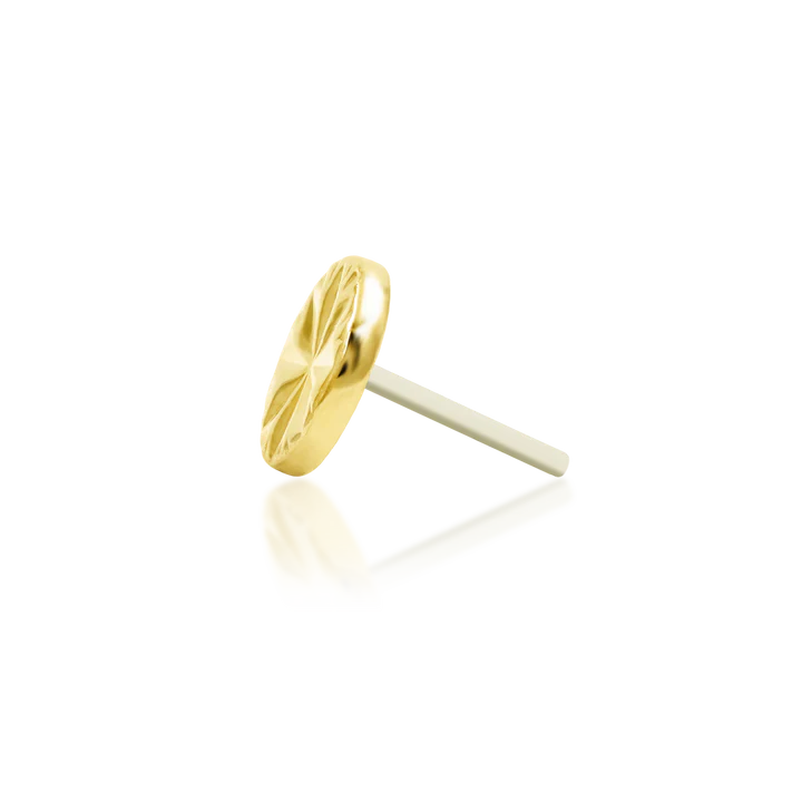 A side-view of a single gold-coloured earring.