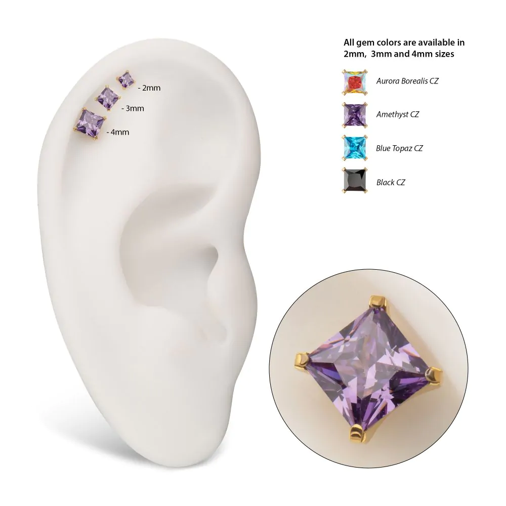 A close-up of a princess-cut prong-set Swarovski crystal, shown in various gem colours, shown on display on a model ear.