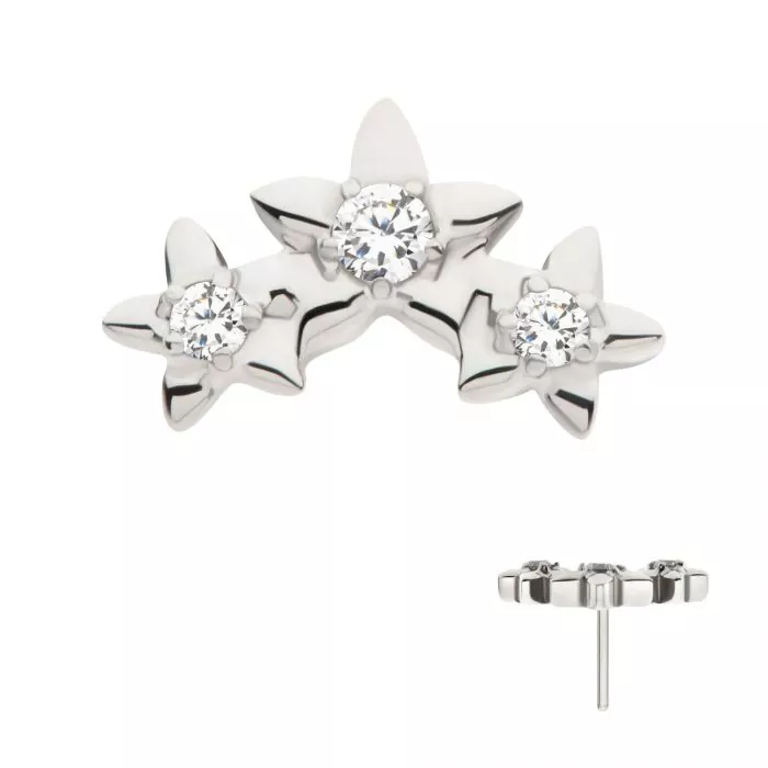 A triple-star earring with three Swarovski crystals, also shown from a side angle.