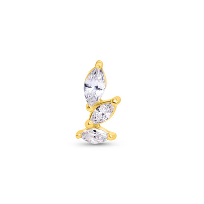 A stud earring with a central white cubic zirconia surrounded by two smaller white cubic zirconia, set in a textured 14k gold band.