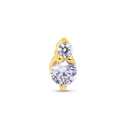 A single teardrop-shaped stud earring with a white cubic zirconia centerpiece, surrounded by smaller clear crystals, set in a gold-colored band.