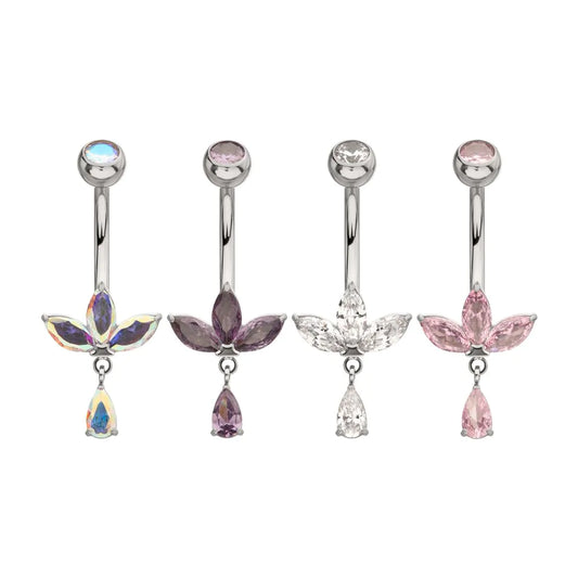 Triple Marquise Navel Barbell with Floating Teardrop Gem Dangle