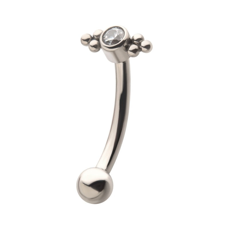 Bezel CZ & Double Tri-Bead Curved Barbell